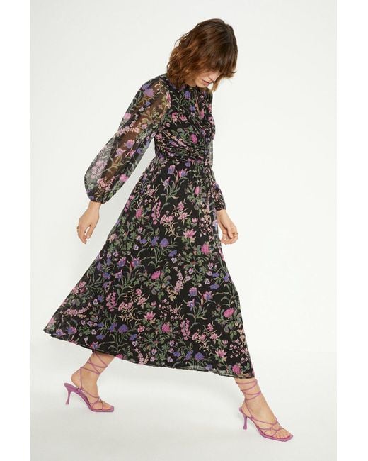 Oasis Black Floral Ruched Keyhole Chiffon Midi Dress