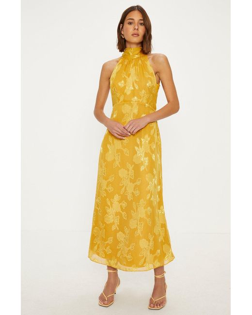Oasis Yellow Floral Satin Burnout Halter Midi Dress