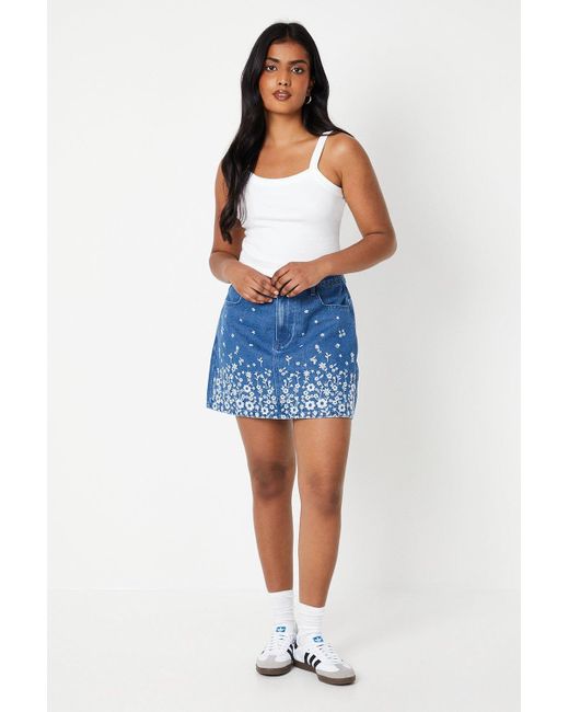 Oasis Blue Embroidered Hem Denim Mini Skirt