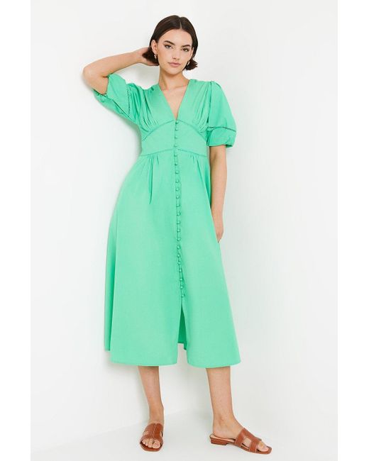 Oasis Green Plain Poplin Button Down Puff Sleeve Midi Dress