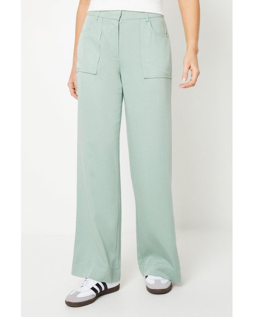 Oasis Green Top Stitch Patch Pocket Wide Leg Trouser
