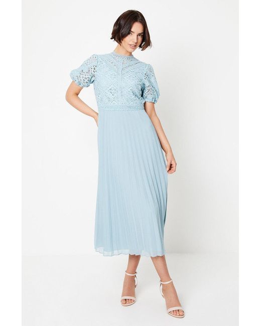 Oasis Blue Lace Puff Sleeve Pleated Midi Dress