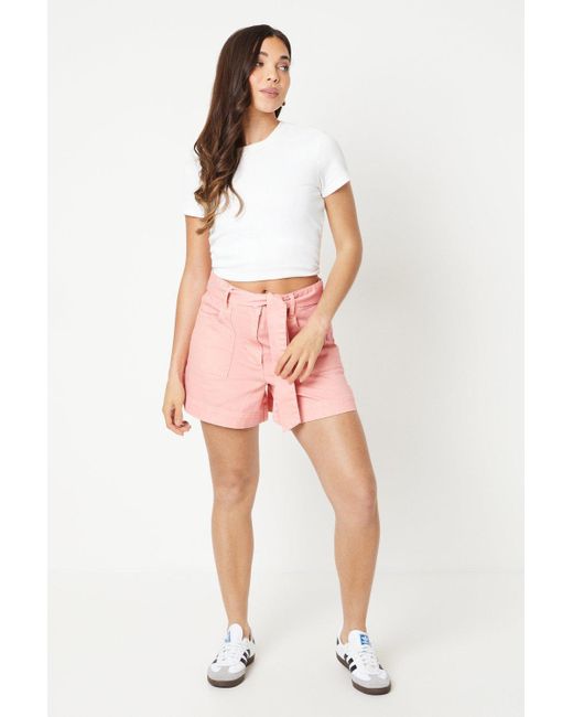 Oasis Pink Petite Paperbag Denim Shorts