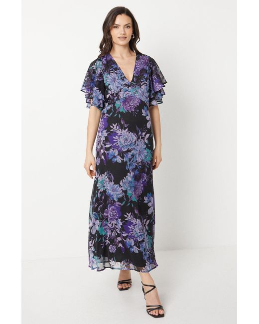 Oasis Blue Floral Ruffle Sleeve Bias Midaxi Dress