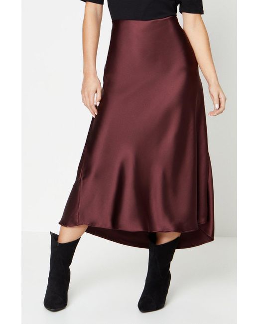 Oasis Red Petite Plain Satin Bias Midi Skirt