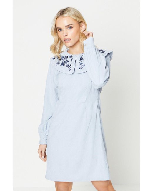 Oasis Blue Petite Cord Embroidered Collar Mini Dress
