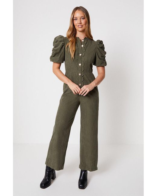 Oasis Green Cord Scallop Edge Puff Sleeve Jumpsuit
