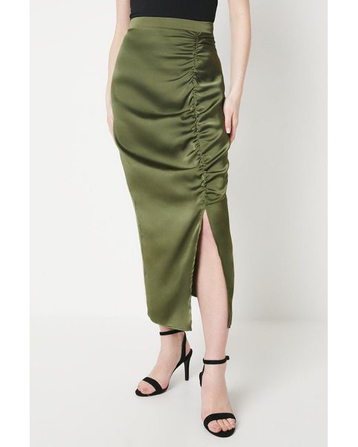 Oasis Green Ruched Satin Maxi Skirt