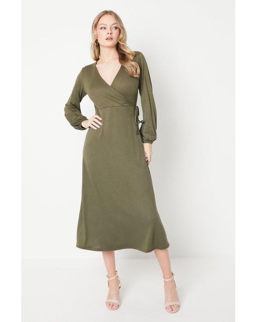 Oasis Green Petite Long Sleeve Wrap Midi Dress