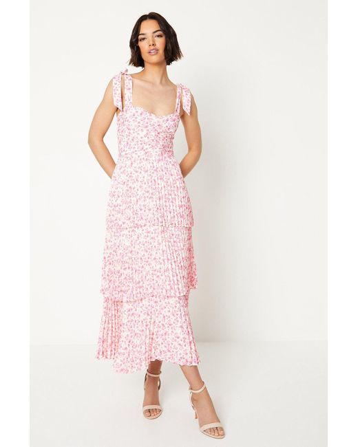 Oasis Pink Ditsy Floral Pleated Tie Shoulder Midi Dress