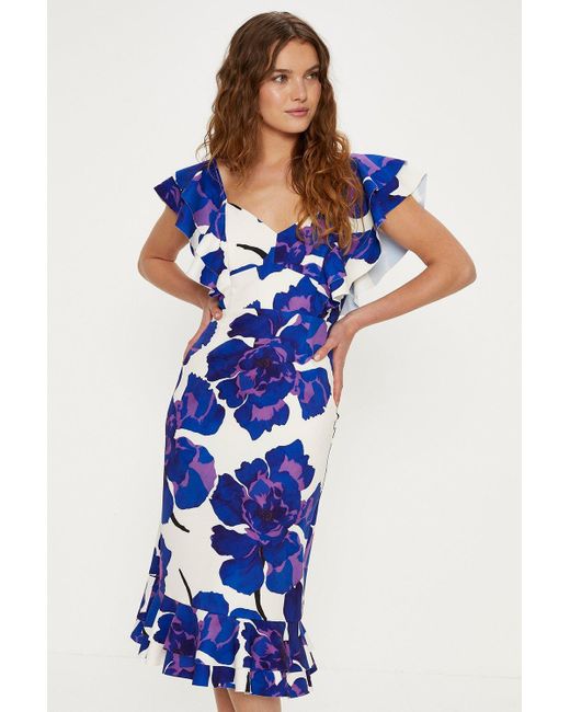Oasis Blue Petite Ruffle Detail Floral Crepe Midi Dress