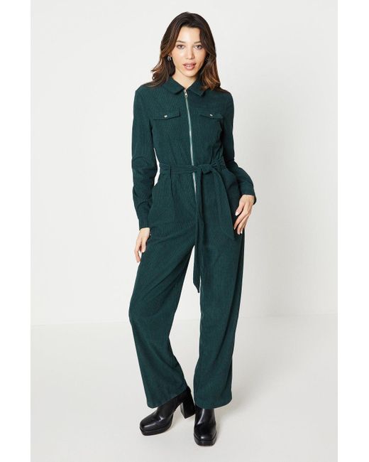 Oasis Green Cord Zip Front Belted Boilersuit
