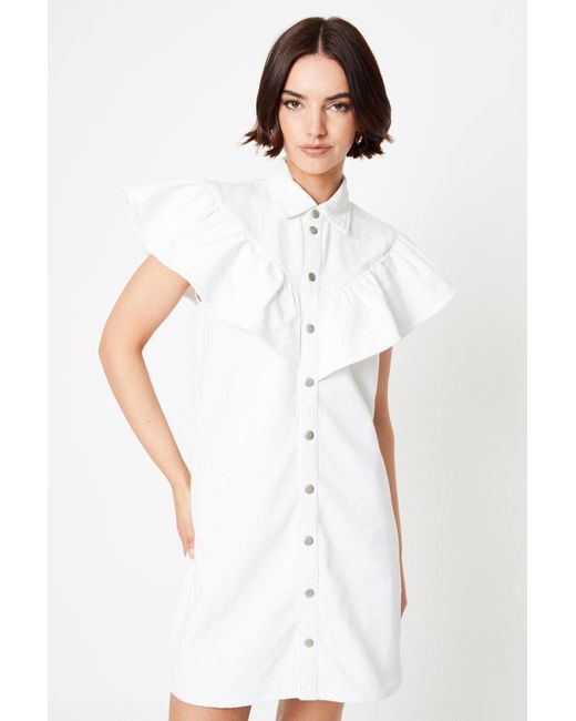 Oasis White Ruffle Detail Sleeveless Denim Mini Dress