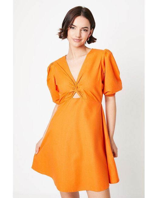 Oasis Orange Cotton Poplin Knot Front Puff Sleeve Mini Dress