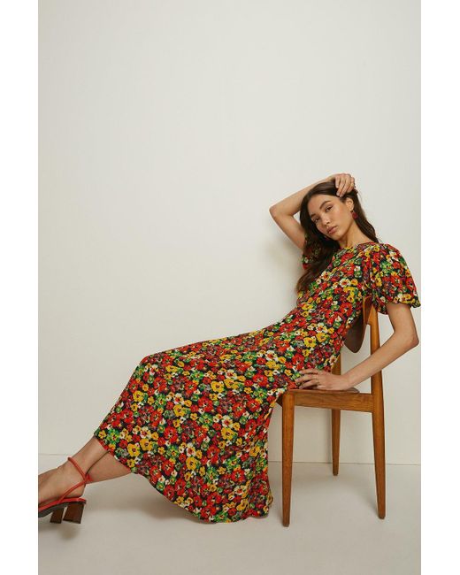 Oasis Brown Pansy Floral Puff Sleeve Midi Dress