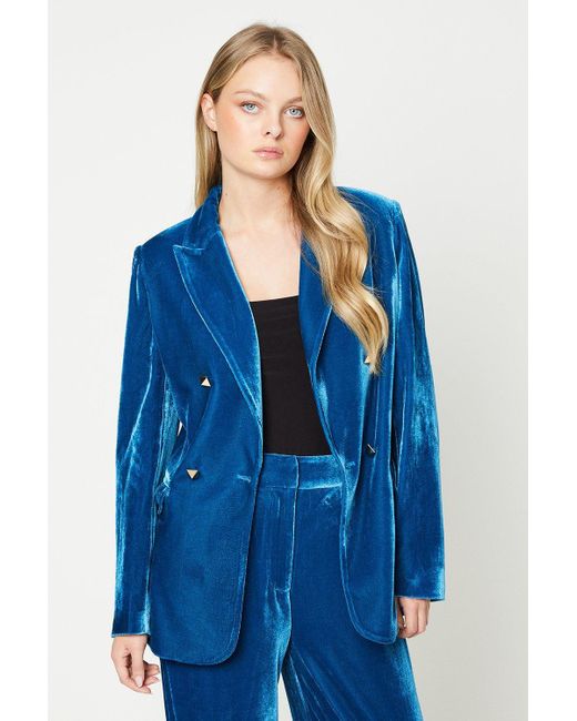 Oasis Blue Plain Velvet Double Breasted Blazer