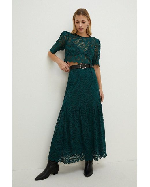 Oasis Green Lace Scalloped Hem Tiered Skirt Co-ord