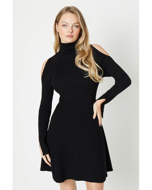 Oasis Cold Shoulder Roll Neck Swing Knitted Dress in Black | Lyst UK