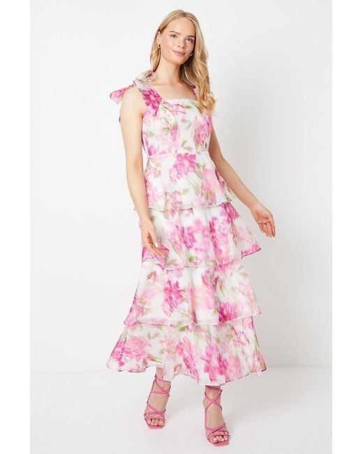 Oasis Pink Blurred Floral Tie Shoulder Organza Tiered Midi Dress