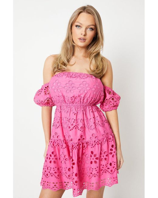 Oasis Pink Bardot Broderie Mini Dress