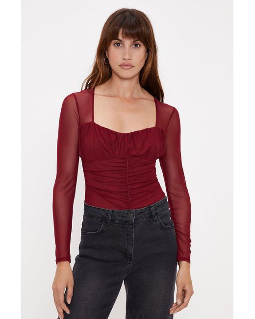 Oasis Red Mesh Ruched Bodysuit