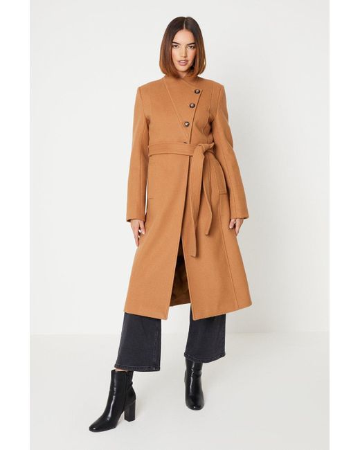 Oasis Natural Belted Button Through Midi Wrap Coat