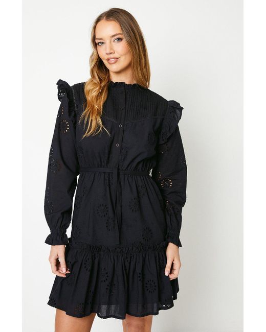 Oasis Black Broderie Frill Detail Mini Dress