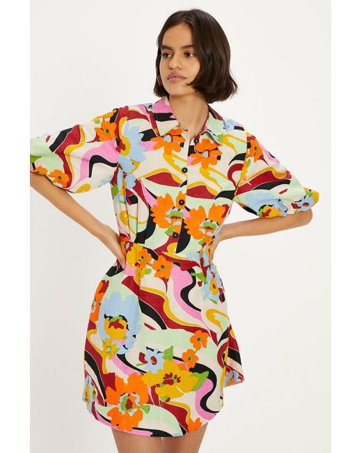 Oasis Orange Linen Mix Floral Puff Sleeve Mini Shirt Dress