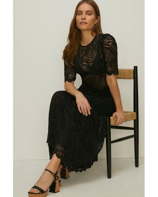 Oasis Black Lace Scalloped Hem Tiered Skirt Co-ord