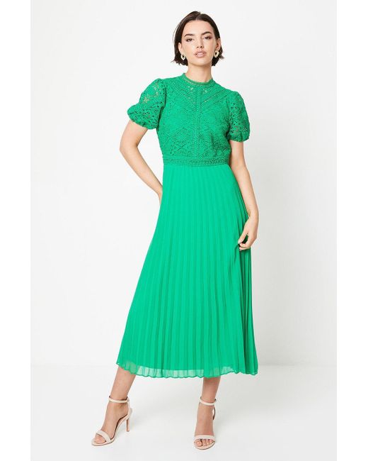 Oasis Green Lace Puff Sleeve Pleated Midi Dress