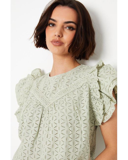 Oasis Multicolor Broderie Lace Trim Ruffle Sleeve Top