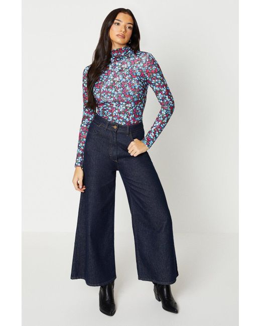 Oasis Blue Floral Roll Neck Long Sleeve Jersey Top