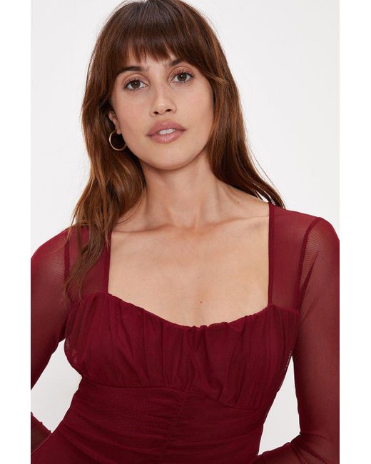 Oasis Red Mesh Ruched Bodysuit