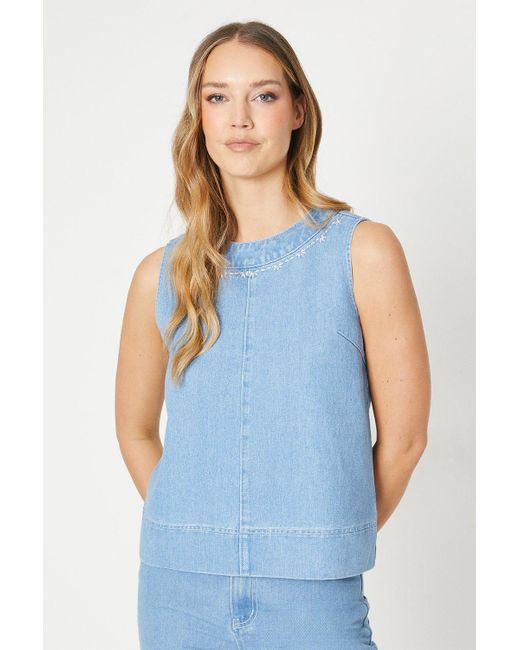Oasis Blue Embroidered Denim Shell Top