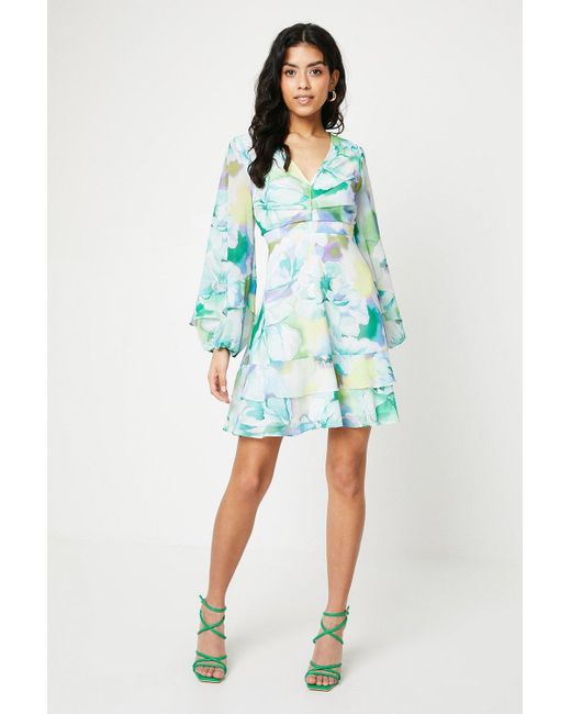 Oasis Blue Petite Blurred Floral Corsage Tiered Mini Dress