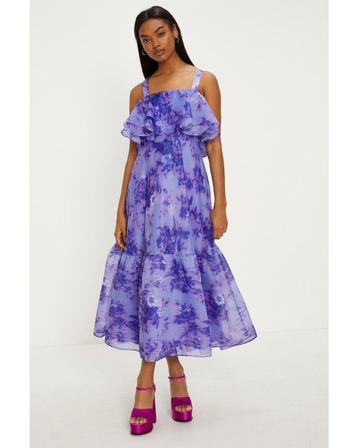 Oasis Purple Tonal Blurred Floral Ruffle Organza Midi Dress