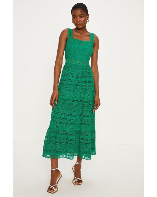 Oasis Green Premium Geo Lace Tiered Midi Dress