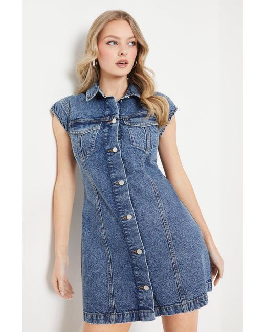 Oasis Blue Denim Sleeveless Button Through Mini Dress