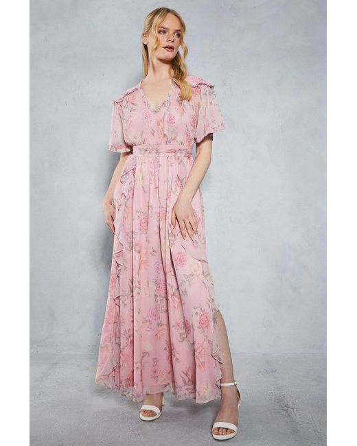 Oasis Pink Soft Floral Ruffle Angel Sleeve Maxi Bridesmaids Dress