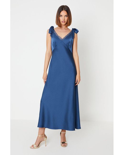 Oasis Blue Satin Lace Insert Tie Shoulder Midi Bridesmaids Dress