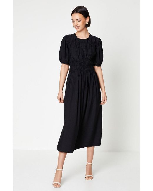 Oasis Black Shirred Bodice Puff Sleeve Midi Dress