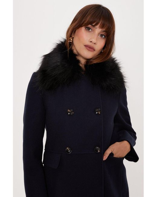 Oasis Blue Maxi Length Double Breasted Fur Collar Dolly Coat