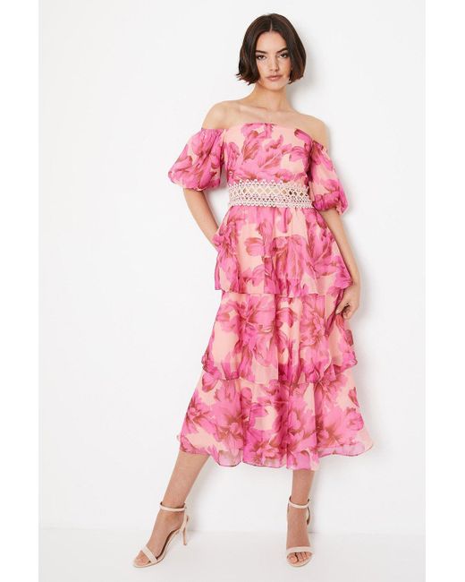 Oasis Pink Organza Floral Bardot Midaxi Dress