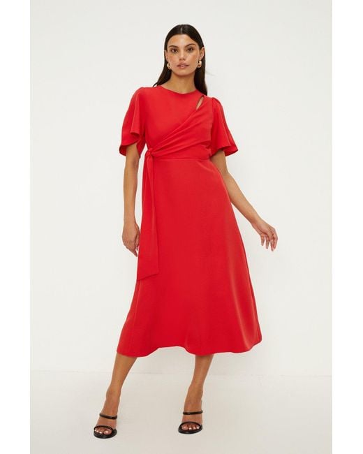Oasis Red Crepe Tie Side Flare Midi Dress
