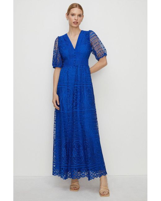 Oasis Blue Petite Premium Lace V Neck Maxi Dress