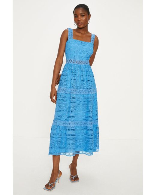 Oasis Blue Premium Geo Lace Tiered Midi Dress
