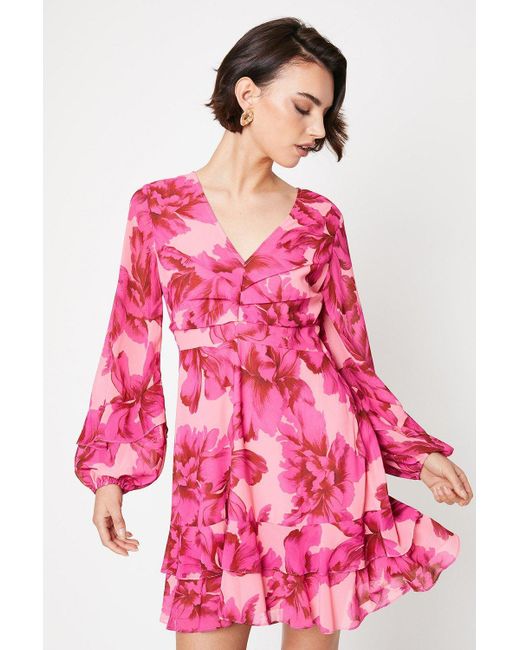 Oasis Pink Leaf Print Corsage Tiered Mini Dress