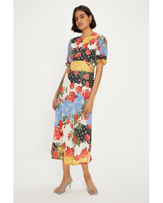 Oasis Multicolor Petite Short Sleeve Floral Print Midi Tea Dress