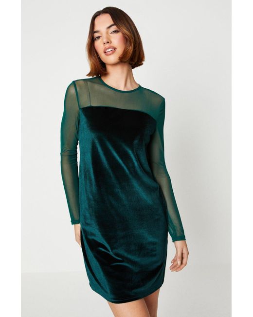 Oasis Green Mesh Velvet Shift Dress