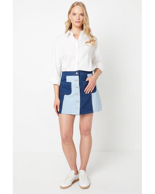 Oasis Blue Two Tone Denim Button Through Mini Skirt
